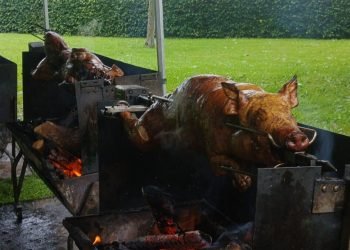 cochon_de_lait_traiteur_au_vrai_delice_broche Cochon de lait traiteur Au Vrai Délice cochon de lait entier rôtissant à la broche sous un abri avec un manoir normand en arrière-plan, offrant un cadre bucolique.