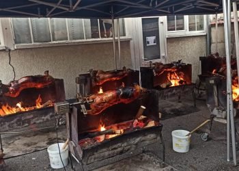 Cochon de lait traiteur Au Vrai Délice gros plan sur plusieurs cochons de lait en cours de rôtissage à la broche, capturant l’éclat des flammes et la cuisson au feu de bois.