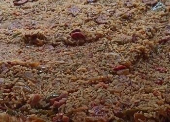 Jambalaya traiteur Au Vrai Délice vue de dessus montrant le riz épicé et le poulet doré, faite maison et cuisinée sur place à Rouen en Normandie.